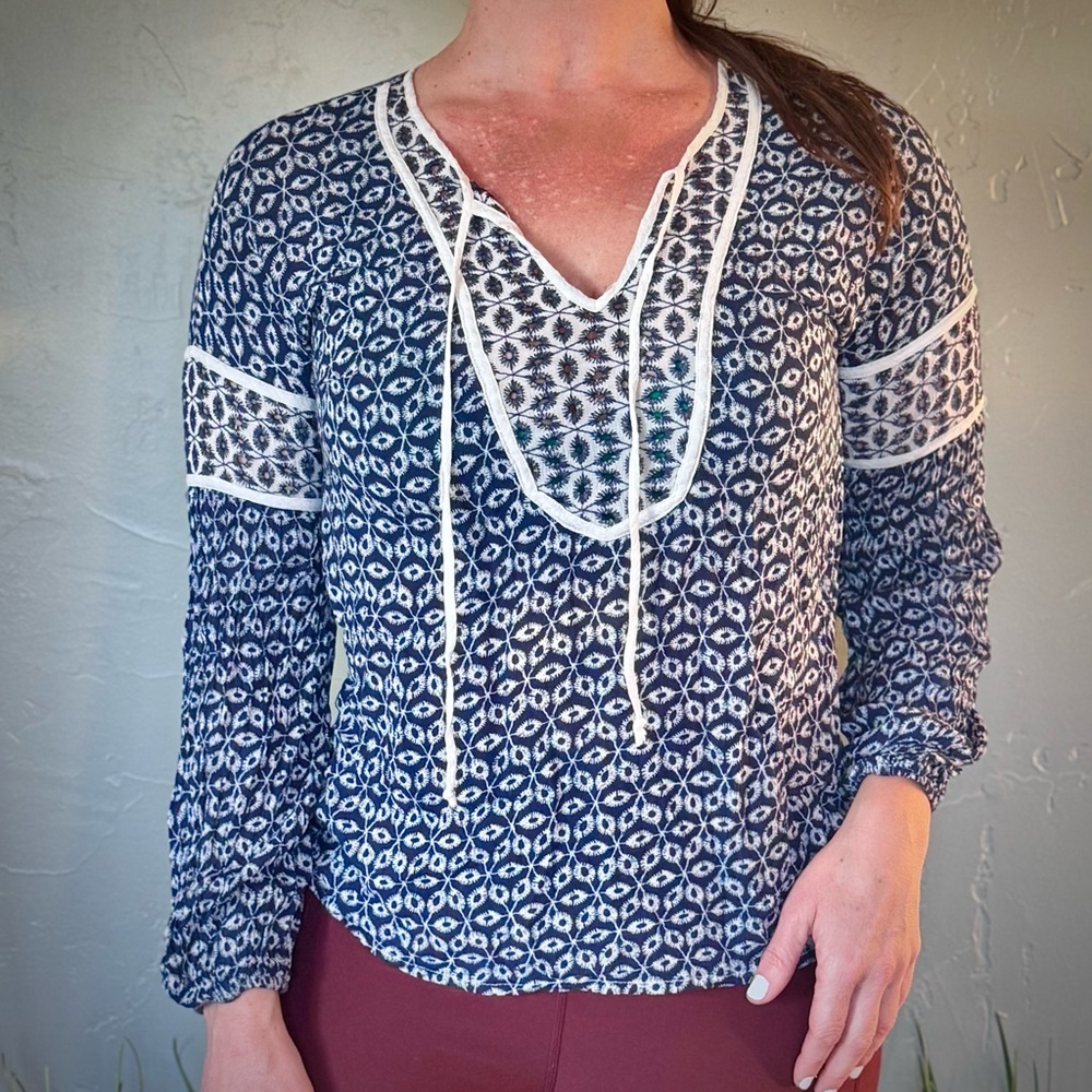 Fever Navy and White Patterned Peasant Blouse with Lace Eyelet Sleeve Detail